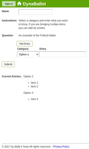 An example of the pot luck ballot with some existing entries